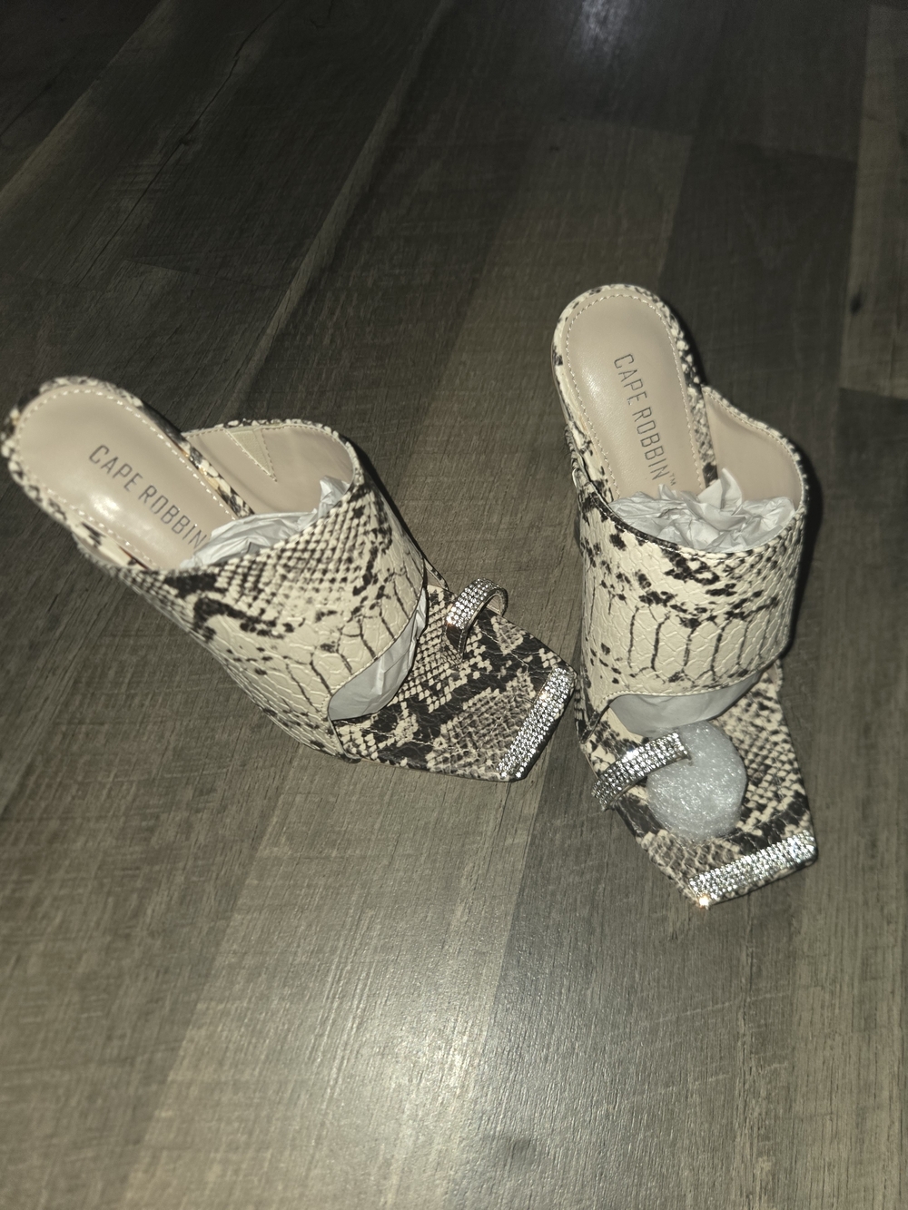 Cape Robbin Snake-Print Rhinestone Square-Toe Mules